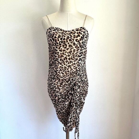 Almost Famous Leopard Cheetah Print Ruched Fine Mesh Dress Size Large - Picture 1 of 14
